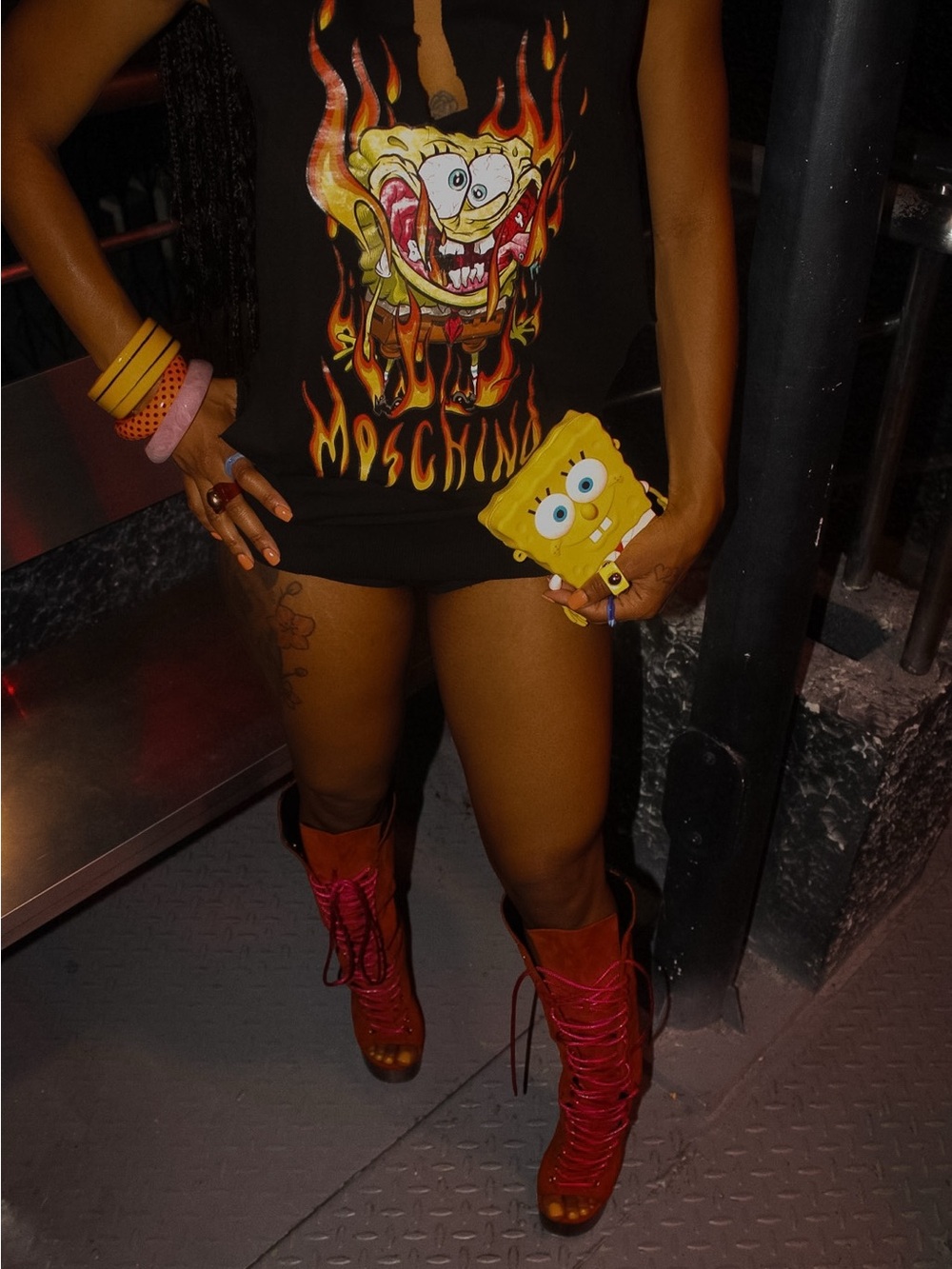 Moschino Black Tank Top with Flaming SpongeBob Graphic